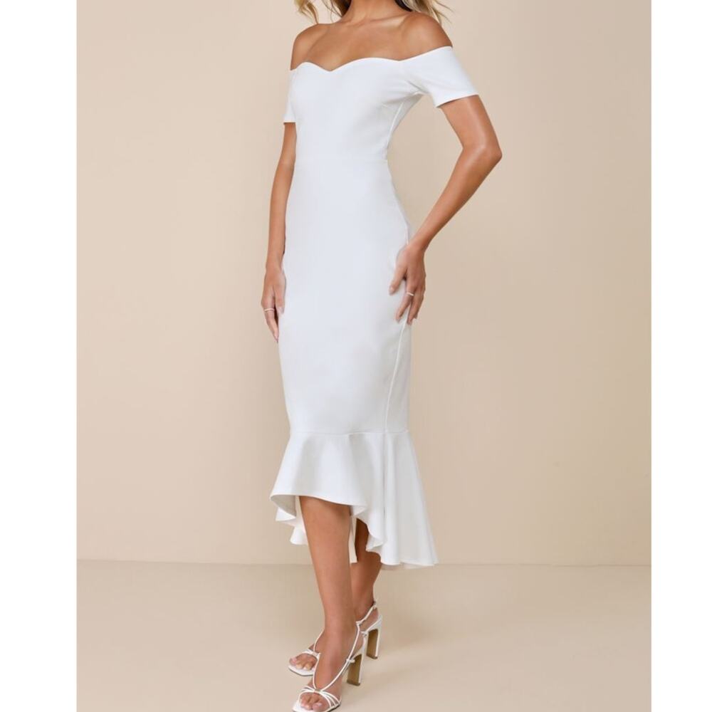 Lulus How Much I Care Ivory Off-the-Shoulder High-Low Ruffled Midi Dress Small